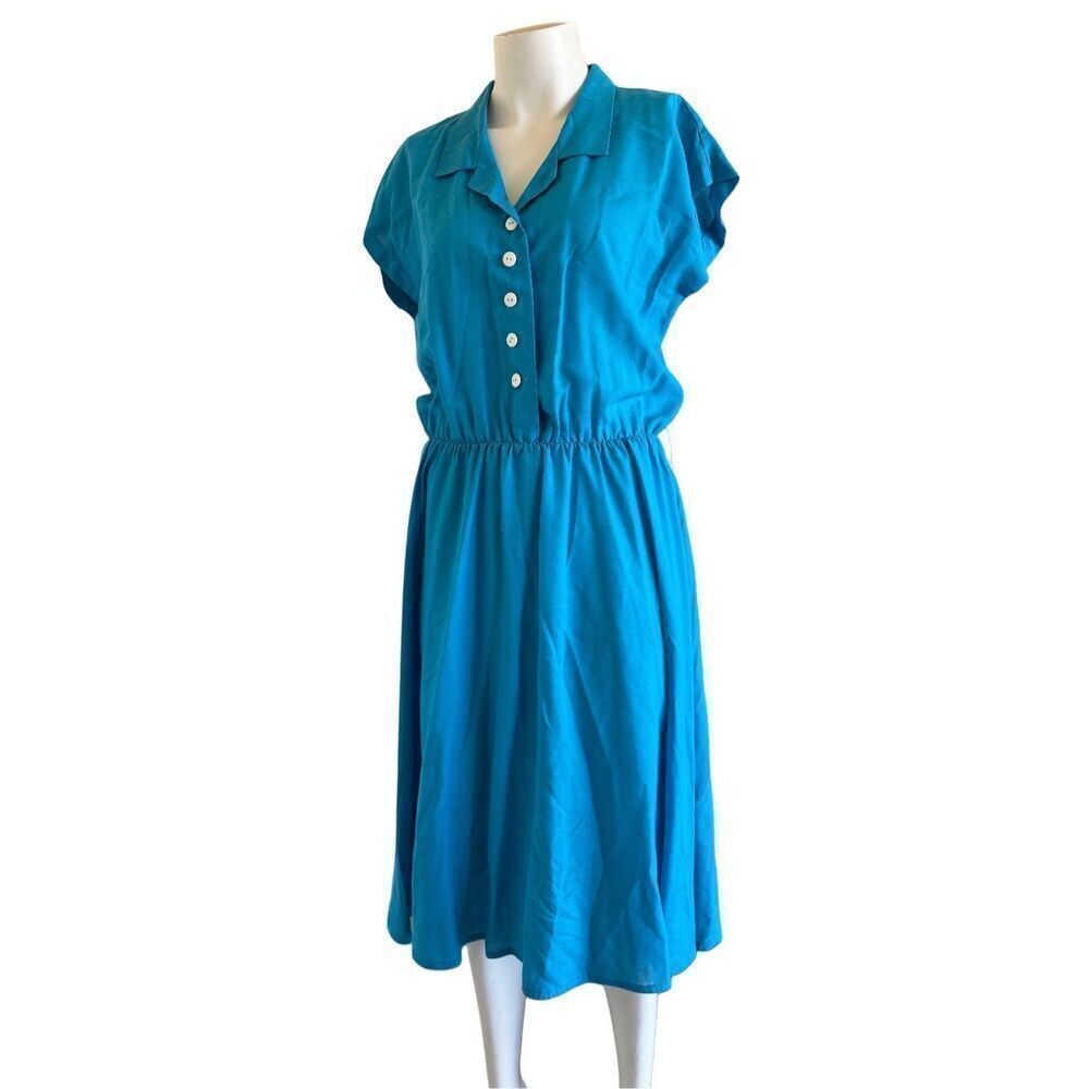 Women’s vintage dress M Caribbean blue short sleeve midi collared retro waitress